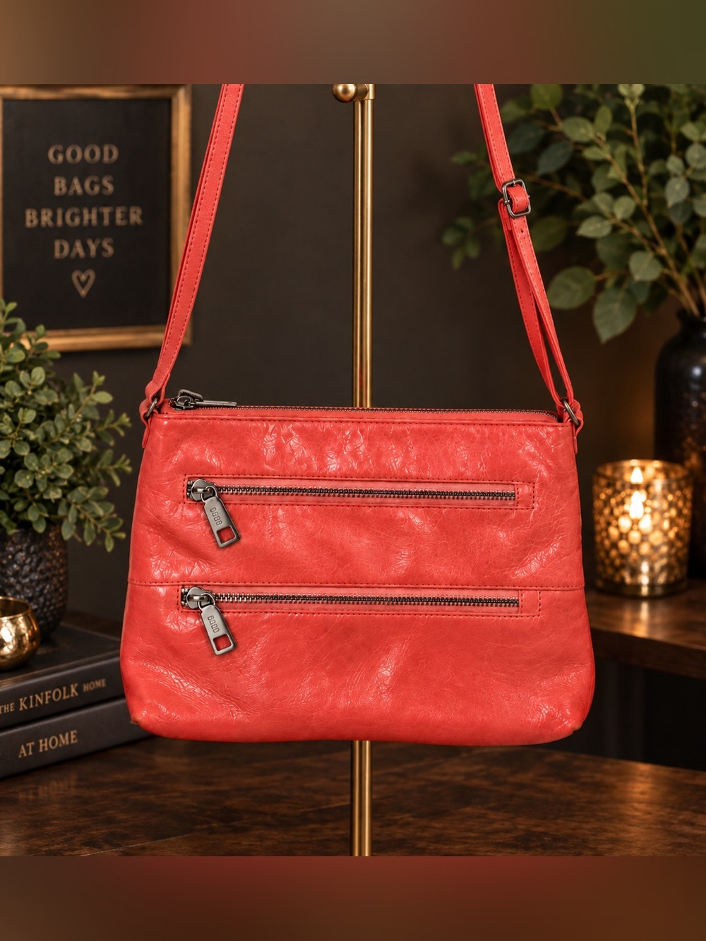 HOBO The Original Coral Leather Crossbody Bag Double Zip Pockets